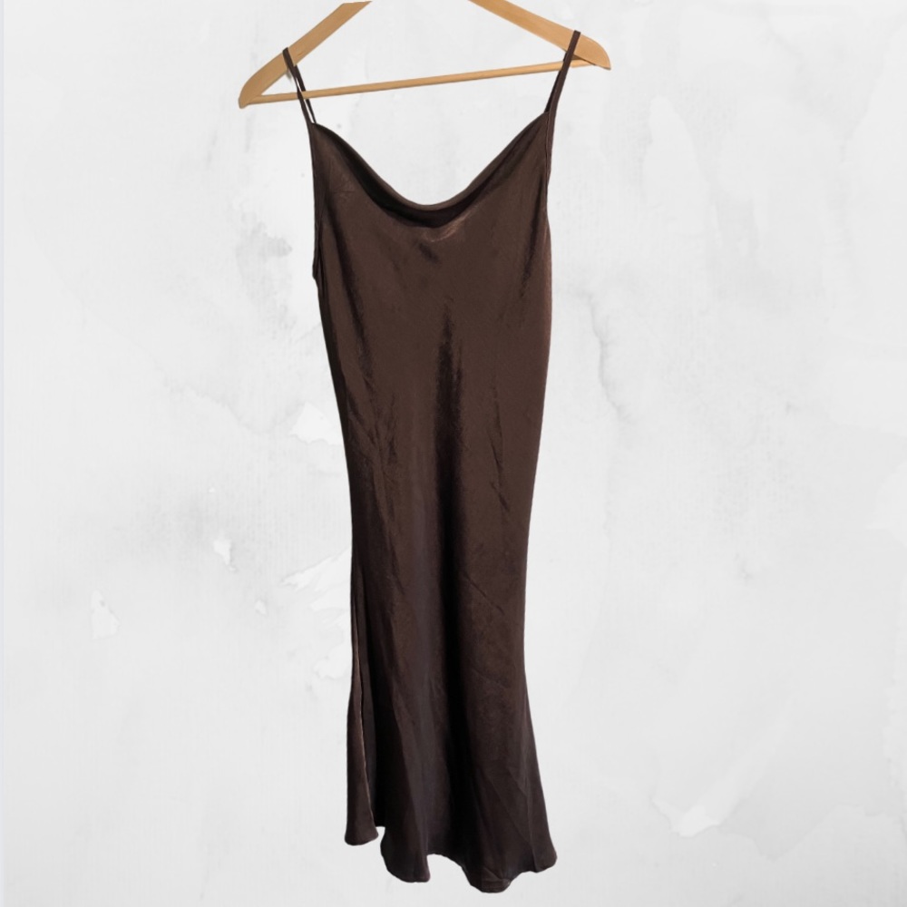 Cowl Neck Midi Brown Satin Cocktail Dress